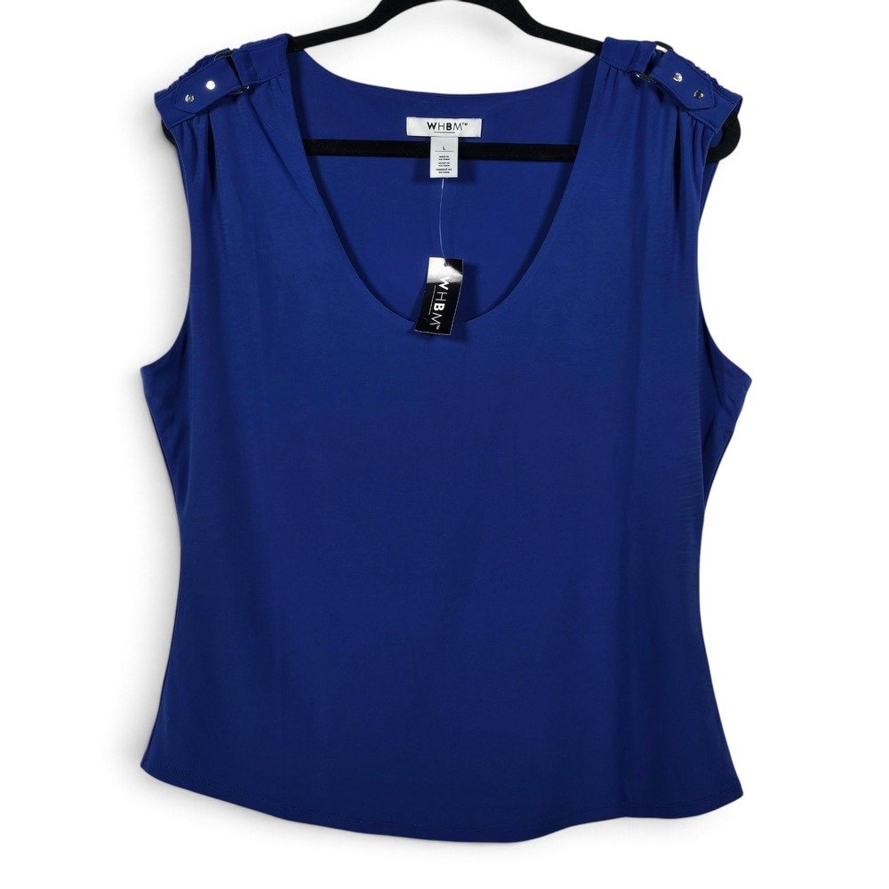WHBM Top Womens L Shoulder Detail Mazarine Blue V-Neck Sleeveless NWT Workwear